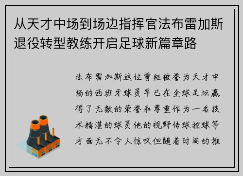 从天才中场到场边指挥官法布雷加斯退役转型教练开启足球新篇章路